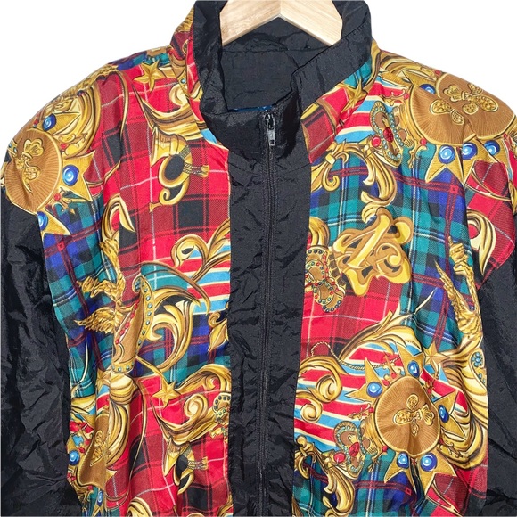 Vintage Northern Climate 80s Track Jacket Black Red Tartan Retro XL Windbreaker - Picture 2 of 7